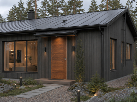 Современная деревянная термодверь Scandoors Planken 05 на фасаде частного дома